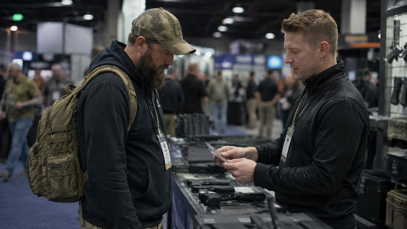 A busy SHOT Show booth on the floor