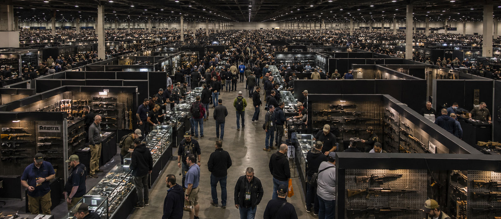 The SHOT Show floor with rows of similar firearms exhibitor booths
